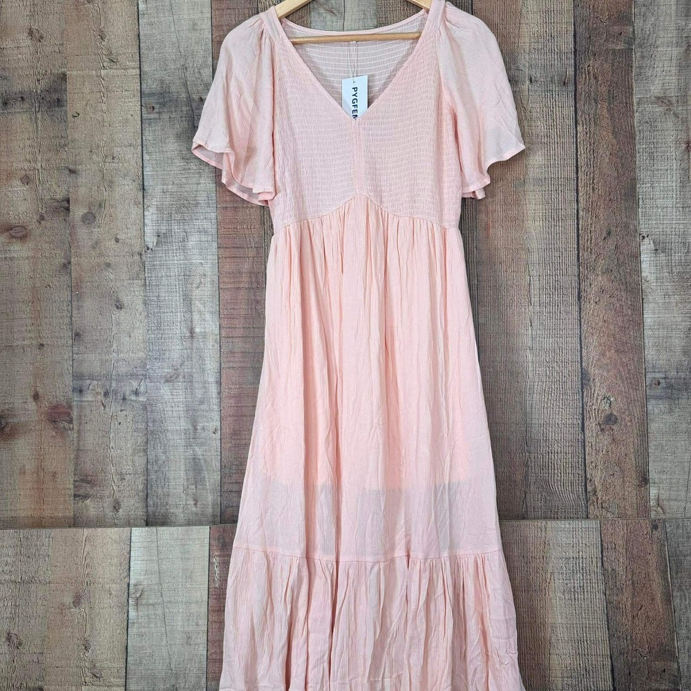 Pink Smocked Flutter Sleeve Tiered Maxi Dress Medium Romantic Boho NEW Soft Gil